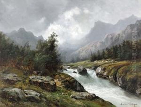 Landschaft Mit Wildem Gebirgsbach. Oil Painting by Theodore Levigne