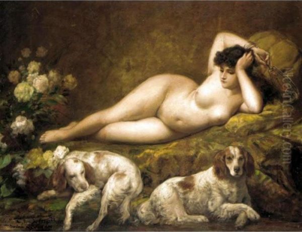 Reclining Nude With Two Dogs Oil Painting by Theodore Levigne