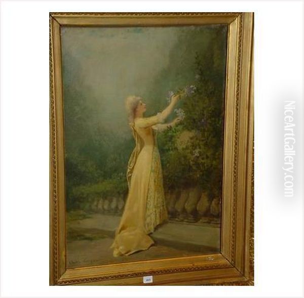 Jeune Femme Cueillant Des Fleurs Oil Painting by Theodore Levigne