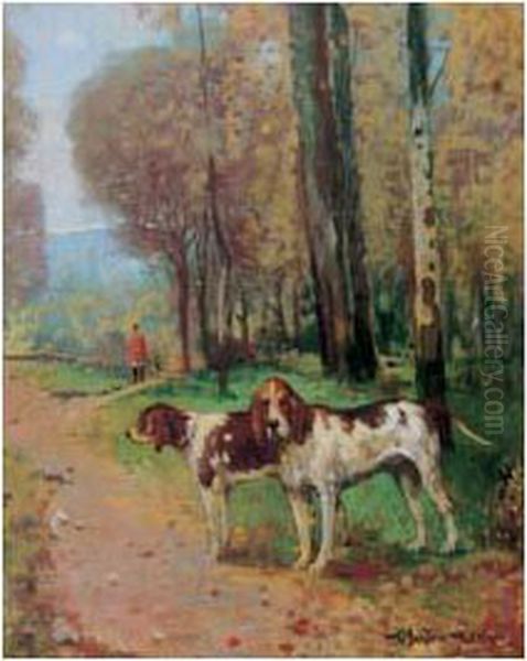 Chiens Courants Et Le Piqueux Oil Painting by Theodore Levigne