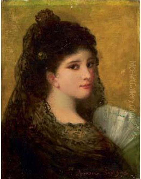 Portrait De Femme A La Mantille Oil Painting by Theodore Levigne