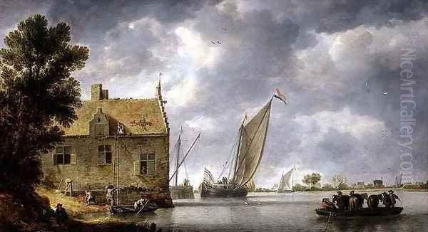 Builders Repairing a House by a River 3 Oil Painting by Bonaventura, the Elder Peeters