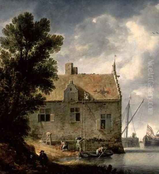 Builders repairing a House by a river Oil Painting by Bonaventura, the Elder Peeters