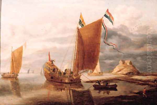 The Zeeland State yacht on the river Scheld in a calm Oil Painting by Bonaventura, the Elder Peeters