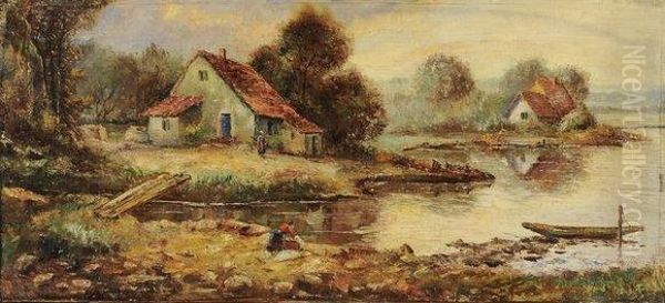 Lavandiere Pres De La Ferme Oil Painting by Maurice Levis