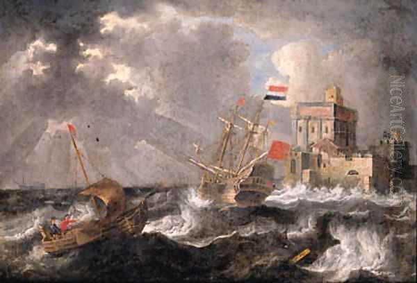 A Dutch threemaster and a wijdschip offshore in a gale, a fortified castle beyond Oil Painting by Bonaventura, the Elder Peeters