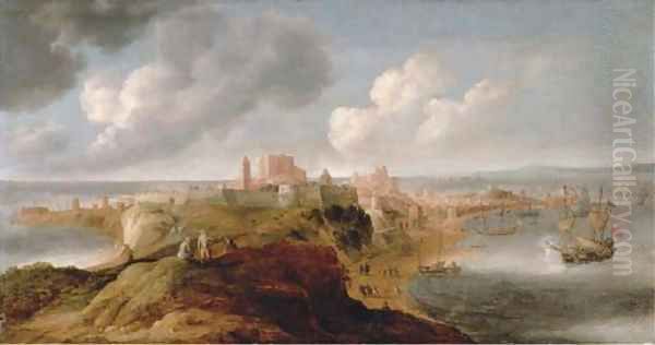 A fortified port on a promontory, an English frigate firing a salute Oil Painting by Bonaventura, the Elder Peeters