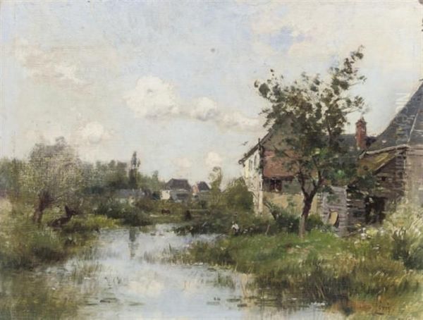 Fishing At The Village Pond Oil Painting by Maurice Levis