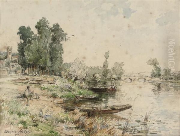 The Riverside On A Summer's Day, A Village Beyond Oil Painting by Maurice Levis