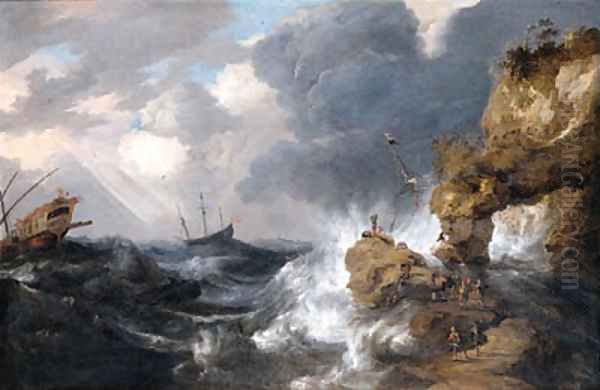 A whaler shipwrecked off a rocky coast in a gale, with a whale rising in the sea, other shipping and survivors on an outcrop in the foreground Oil Painting by Bonaventura, the Elder Peeters