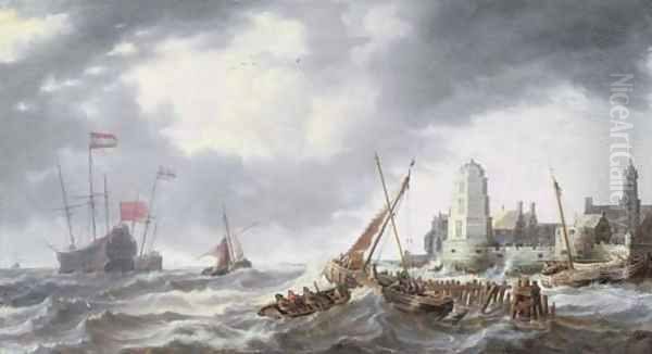 Frigates, smalschips and other shipping in a stiff breeze off a port Oil Painting by Bonaventura, the Elder Peeters