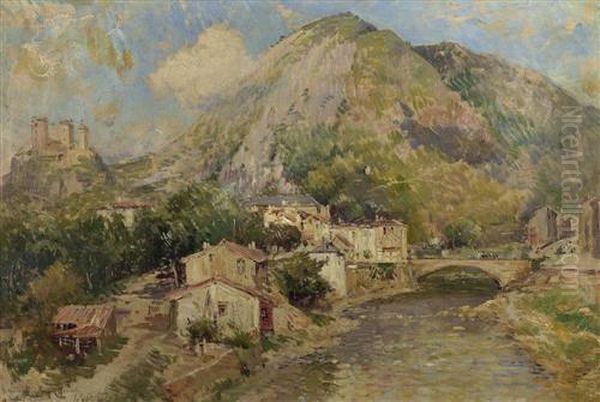 Mediterrane Gebirgslandschaft Mit Einem Dorf Am Fluss. Oil Painting by Maurice Levis