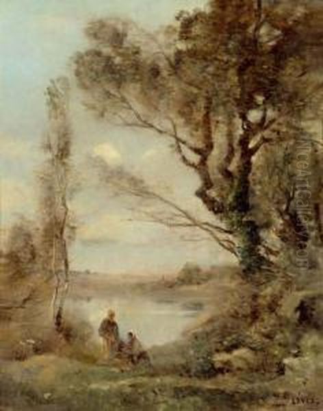 Landscape With Pond And Washerwomen. Oil Painting by Maurice Levis