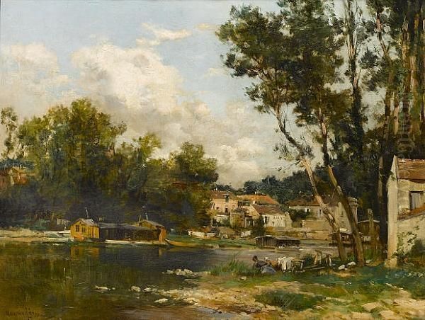 Washerwomen Beside The Loing At Moret Oil Painting by Maurice Levis