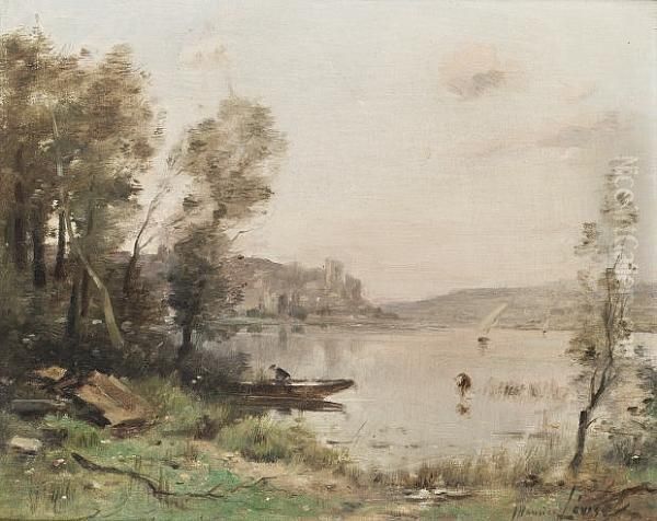 On The Seine; A Punt On The Seine, With A Town Beyond Oil Painting by Maurice Levis