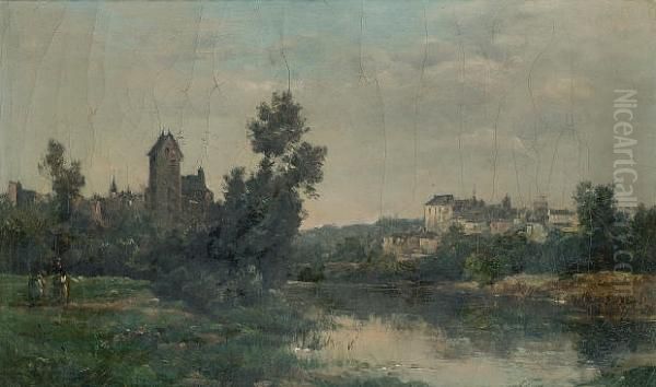 Figures Beside A River, A Town Beyond Oil Painting by Maurice Levis