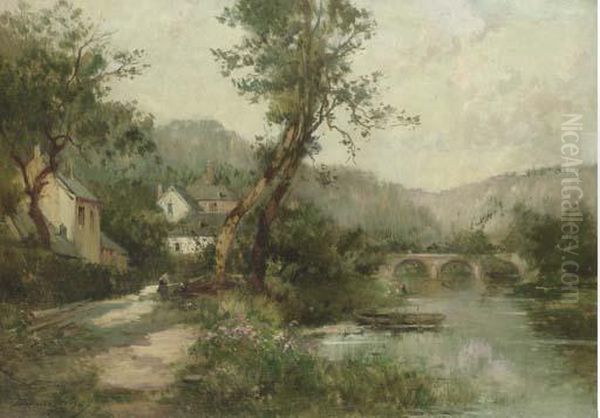 Houses Along The Banks Of A River, A Bridge Beyond Oil Painting by Maurice Levis