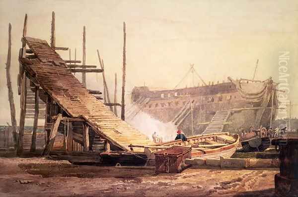 A Shipyard at Blackwall Oil Painting by Samuel Prout