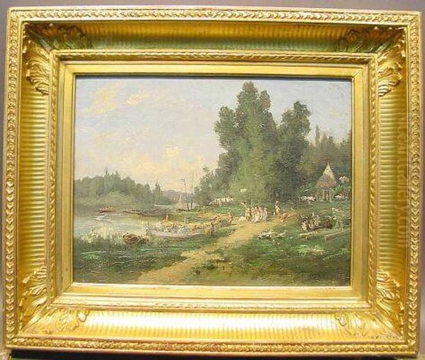 Village Folk By The River Oil Painting by Maurice Levis