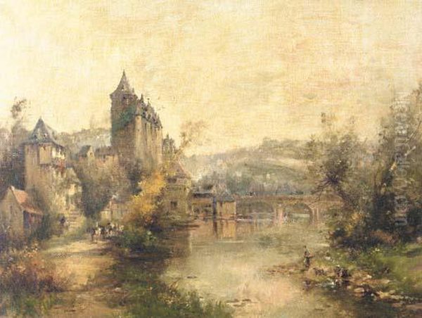 Bagnieuse Au Bord De L'eau Pres Le Chateau D'uzerche Oil Painting by Maurice Levis