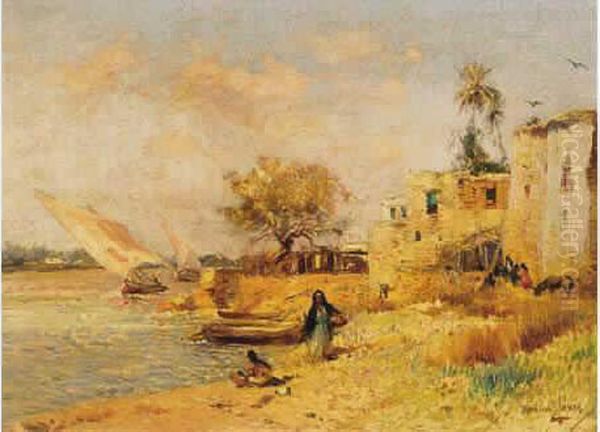 
 Village Au Bord D'un Fleuve  Oil Painting by Maurice Levis