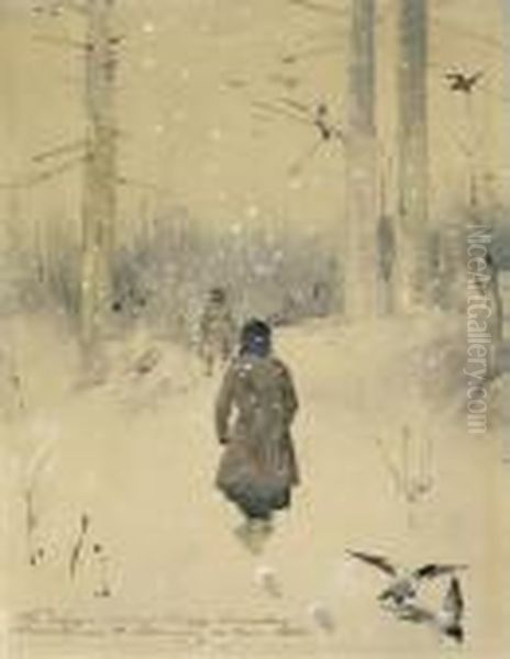 Hunters Trekking Through A Winter Landscape Oil Painting by Isaak Ilyich Levitan