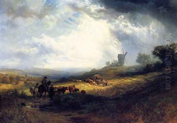 Travellers on a Path in an Extensiive Landscape Oil Painting by Samuel Prout