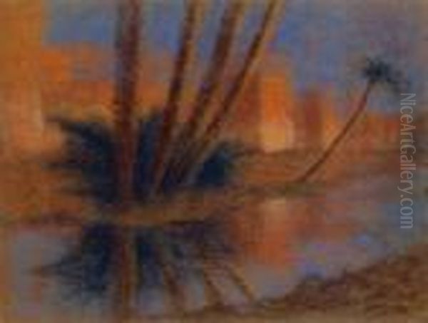 Les Palmiers Devantles Remparts De Marrakech Oil Painting by Lucien Levy-Dhurmer