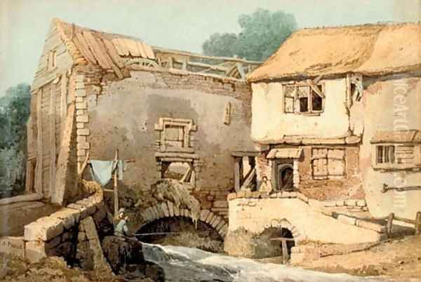 Anglers fishing before a derelict watermill Oil Painting by Samuel Prout