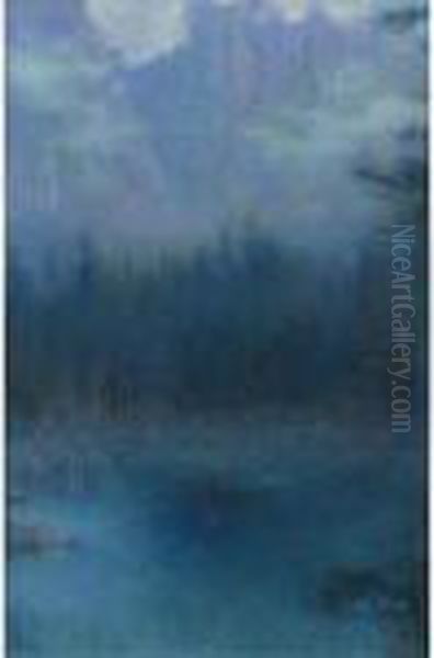 Misty Mountain Lake Oil Painting by Lucien Levy-Dhurmer