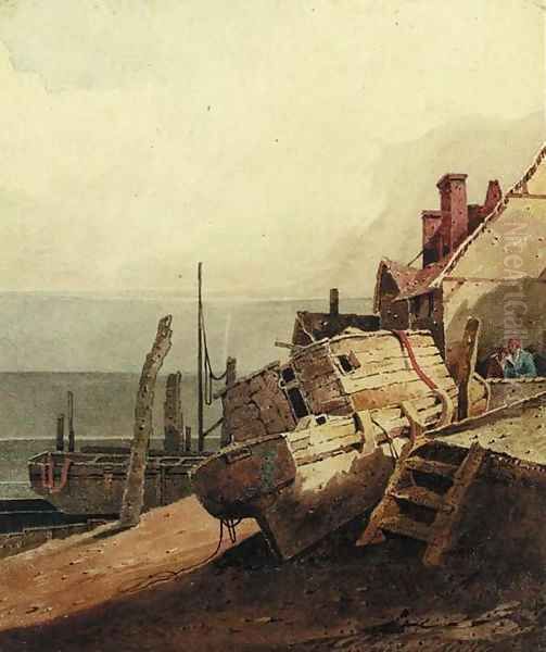 A beached fishing vessel, with fishermen beyond Oil Painting by Samuel Prout