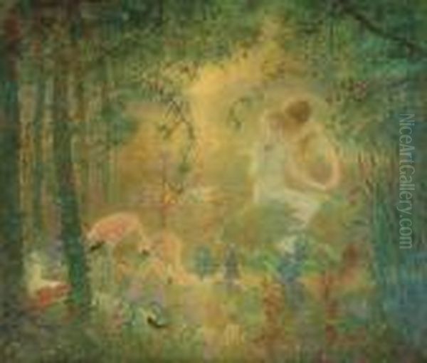 Adam And Eve In The Garden Of Eden Oil Painting by Lucien Levy-Dhurmer