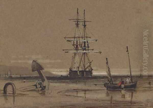 A trading brig at anchor off the coast Oil Painting by Samuel Prout