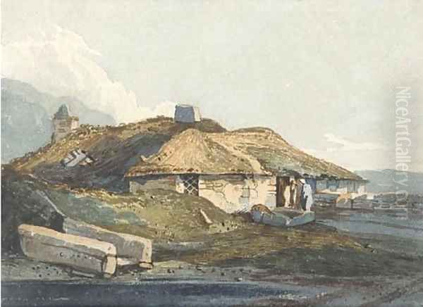 Figures before a thatched cottage, Devon Oil Painting by Samuel Prout