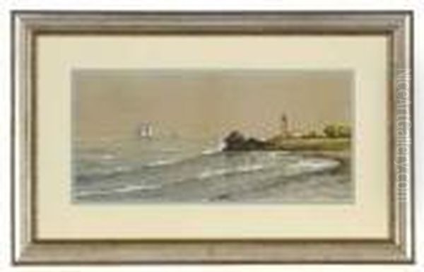 A Sailing Boat Passing A Lighthouse Oil Painting by Edmund Darch Lewis