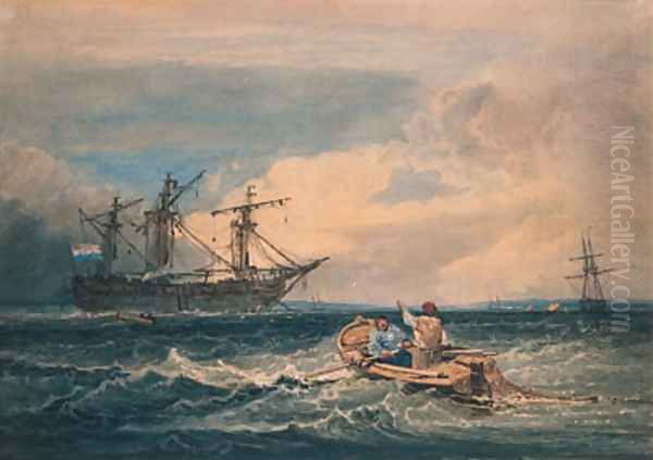 Figures In A Fishing Boat Approaching An Anchored Man-O-War Oil Painting by Samuel Prout