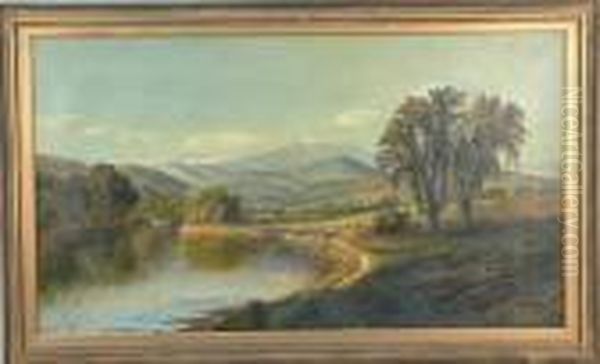 A Good Landscape With Water, Figures In A Hay Wagon Oil Painting by Edmund Darch Lewis