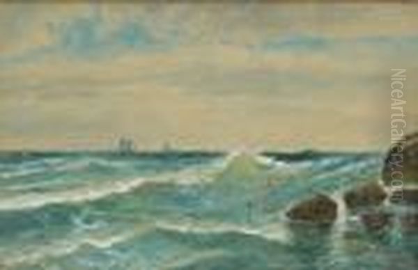 Rocky Seascape With Distant Ships Oil Painting by Edmund Darch Lewis