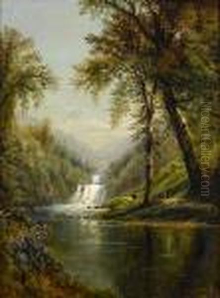 Waterfalls In A Landscape Oil Painting by Edmund Darch Lewis