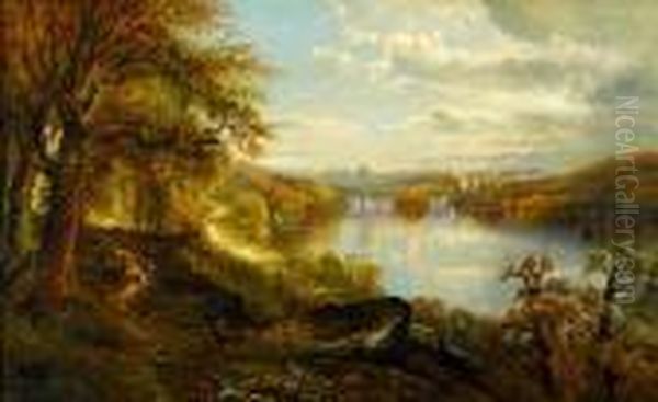 View Of The Schuylkill River With Memorial Hall In Thebackground Oil Painting by Edmund Darch Lewis