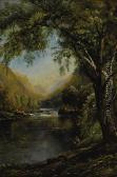 Fisherman By Mountain Stream Oil Painting by Edmund Darch Lewis