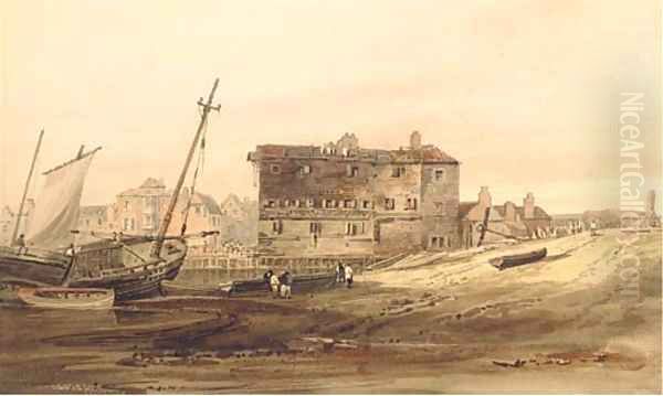 Shipping Vessels beached by an old wharf with a town beyond Oil Painting by Samuel Prout