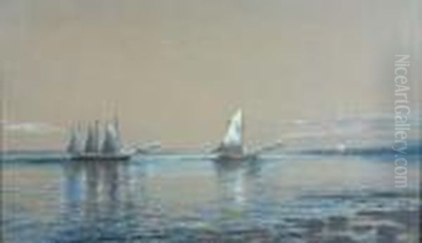 Two Ships At Sea With A Lighthouse In The Distance Oil Painting by Edmund Darch Lewis