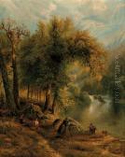 Children Fishing In A Mountain River Oil Painting by Edmund Darch Lewis