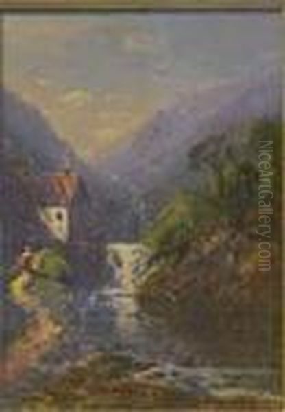 Mountain Cottage By A Waterfall Oil Painting by Edmund Darch Lewis