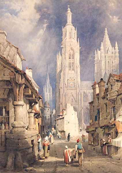 Figures in a busy Continental Street, thought to be the Rue Saint Malo Oil Painting by Samuel Prout