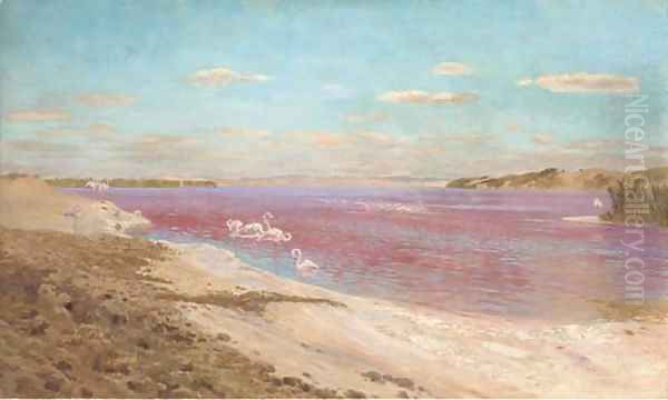 The flamingo lake Oil Painting by Otto Pilny