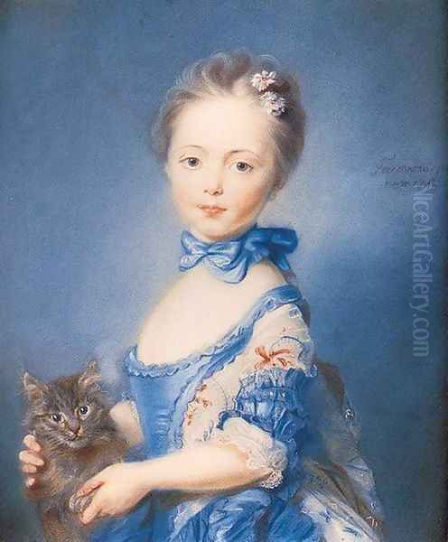 A Girl with a Kitten 1745 Oil Painting by Jean-Baptiste Perronneau