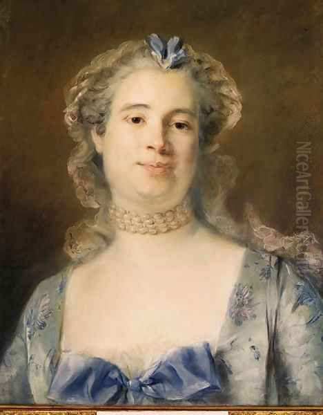 Portrait of Madame Chevotet, bust-length wearing a pale green silk dress with a blue ribbon, a laced bonnet and a pearled necklace Oil Painting by Jean-Baptiste Perronneau