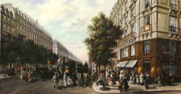 A Busy Paris Street Oil Painting by B. Pafset